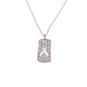 Breast Cancer Awareness Dog Tag Necklace Pink Rhinestone Ribbon Bling Sparkly